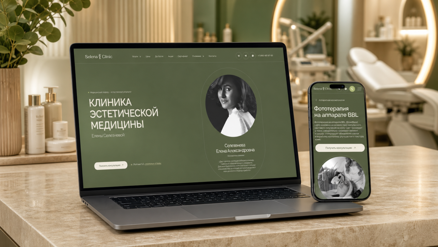 Мокап сайта Selena Clinic на ноутбуке и телефоне