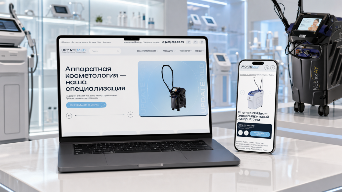 Мокап сайта Updatemed на ноутбуке и телефоне